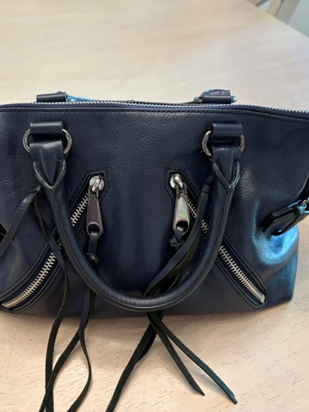 Rebecca Minkoff Moto Satchel Tote Navy Pebbled Leather w/ Strap, Dust Bag